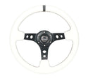 NRG Reinforced Steering Wheel (350mm/3in. Deep) White Leather w/Blk Spoke/Round Holes/White Stripes