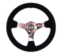 NRG Reinforced Steering Wheel (350mm) 3in Deep Pink Sakura Floral Solid Spoke - Black Suede/Stitch