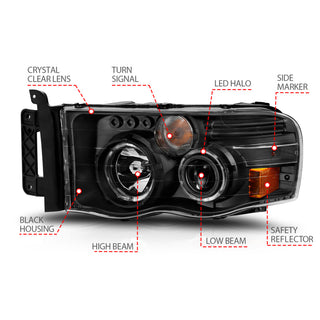 ANZO 2002-2005 Dodge Ram 1500 Projector Headlights w/ Halo Black Clear Amber