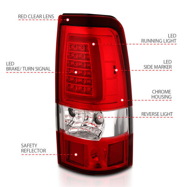 ANZO 1999-2002 Chevy Silverado 1500 LED Taillights Plank Style Chrome With Red/Clear Lens