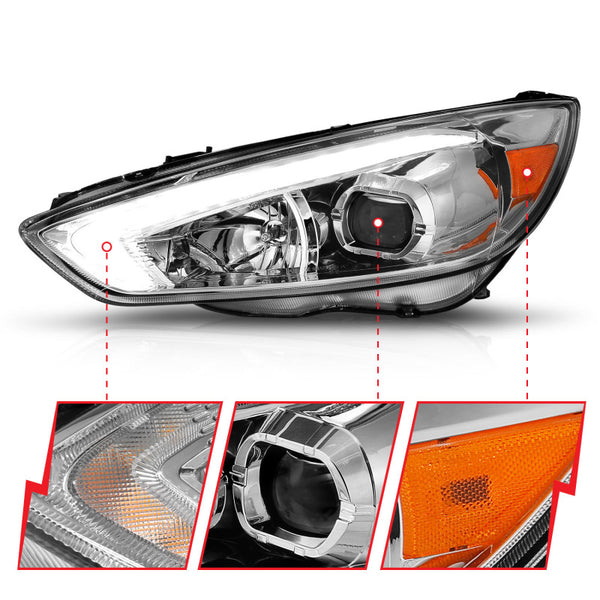 ANZO 15-18 Ford Focus Projector Headlights - w/ Light Bar Switchback Chrome Housing