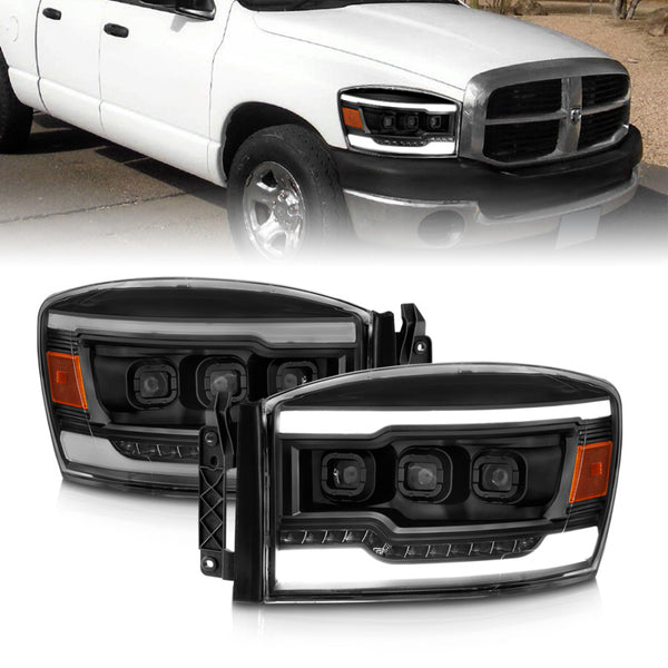 ANZO 06-08 Dodge RAM 1500/2500/3500 LED Projector Headlights w/Light Bar Seq. Signal Black Housing