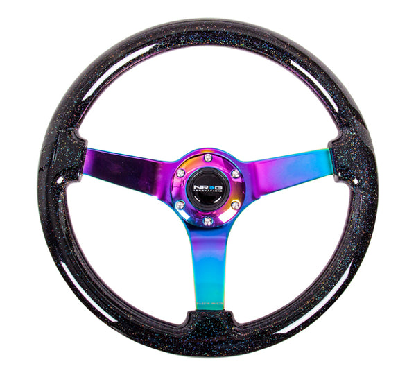 NRG Reinforced Steering Wheel (350mm / 3in. Deep) Classic Blk Sparkle w/4mm Neochrome 3-Spoke Center