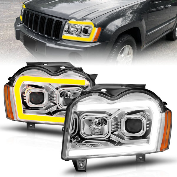 ANZO 05-07 Jeep Grand Cherokee Projector Headlights - w/ Light Bar Switchback Chrome Housing