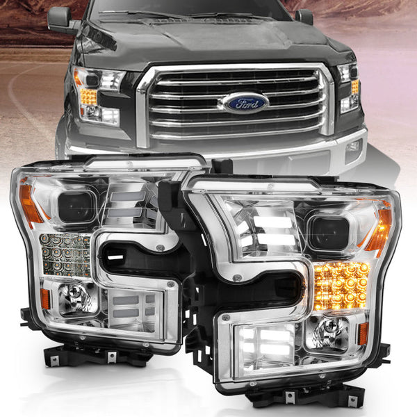 ANZO 15-17 Ford F-150 Proj Headlights w/ Plank Style Design Chrome w/ Amber Sequential Turn Signal