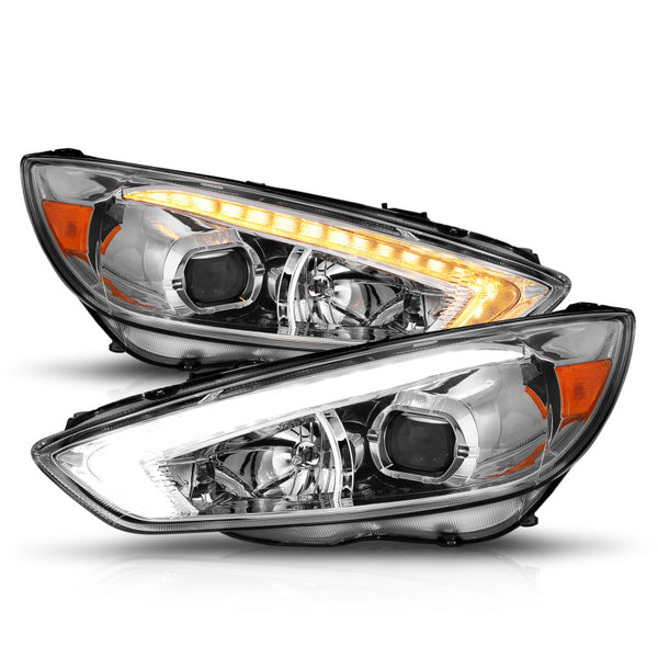 ANZO 15-18 Ford Focus Projector Headlights - w/ Light Bar Switchback Chrome Housing