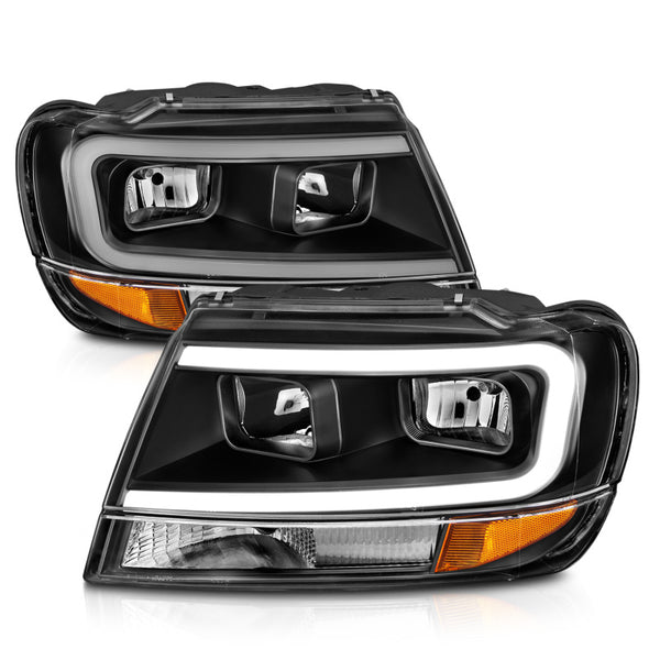 ANZO 99-04 Jeep Grand Cherokee Crystal Headlights - w/ Light Bar Black Housing