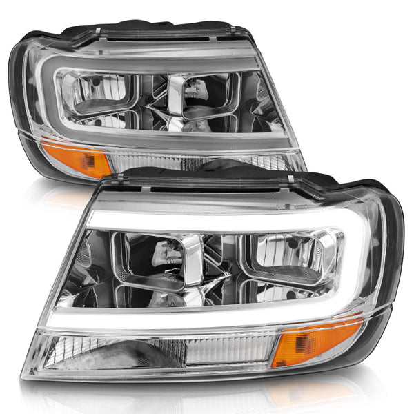 ANZO 1999-2004 Jeep Grand Cherokee Crystal Headlights w/ Light Bar Chrome Housing