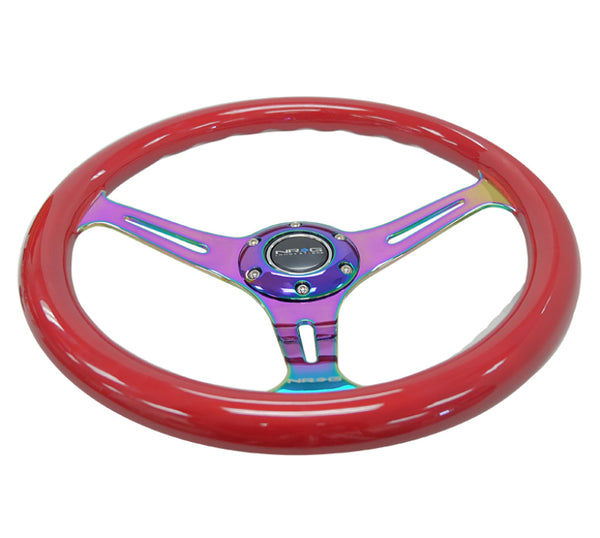 NRG Classic Wood Grain Steering Wheel (350mm) Red Grip w/Neochrome 3-Spoke Center