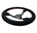 NRG Reinforced Steering Wheel (350mm / 3in. Deep) Blk Suede w/Red Stitching & 5mm Spokes w/Slits